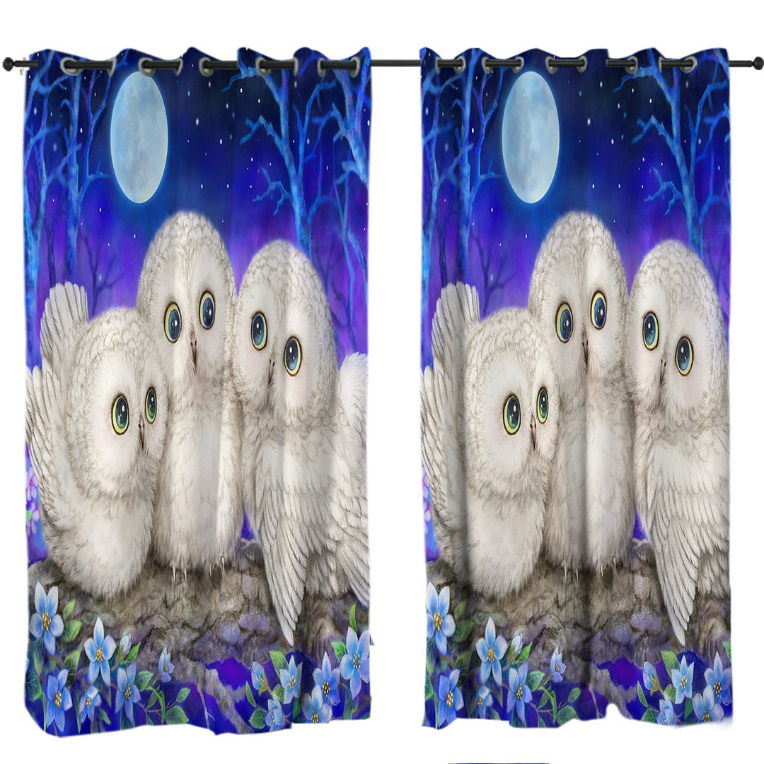 Curtains with Blue Purple Moonlight Forest Owl Triplets