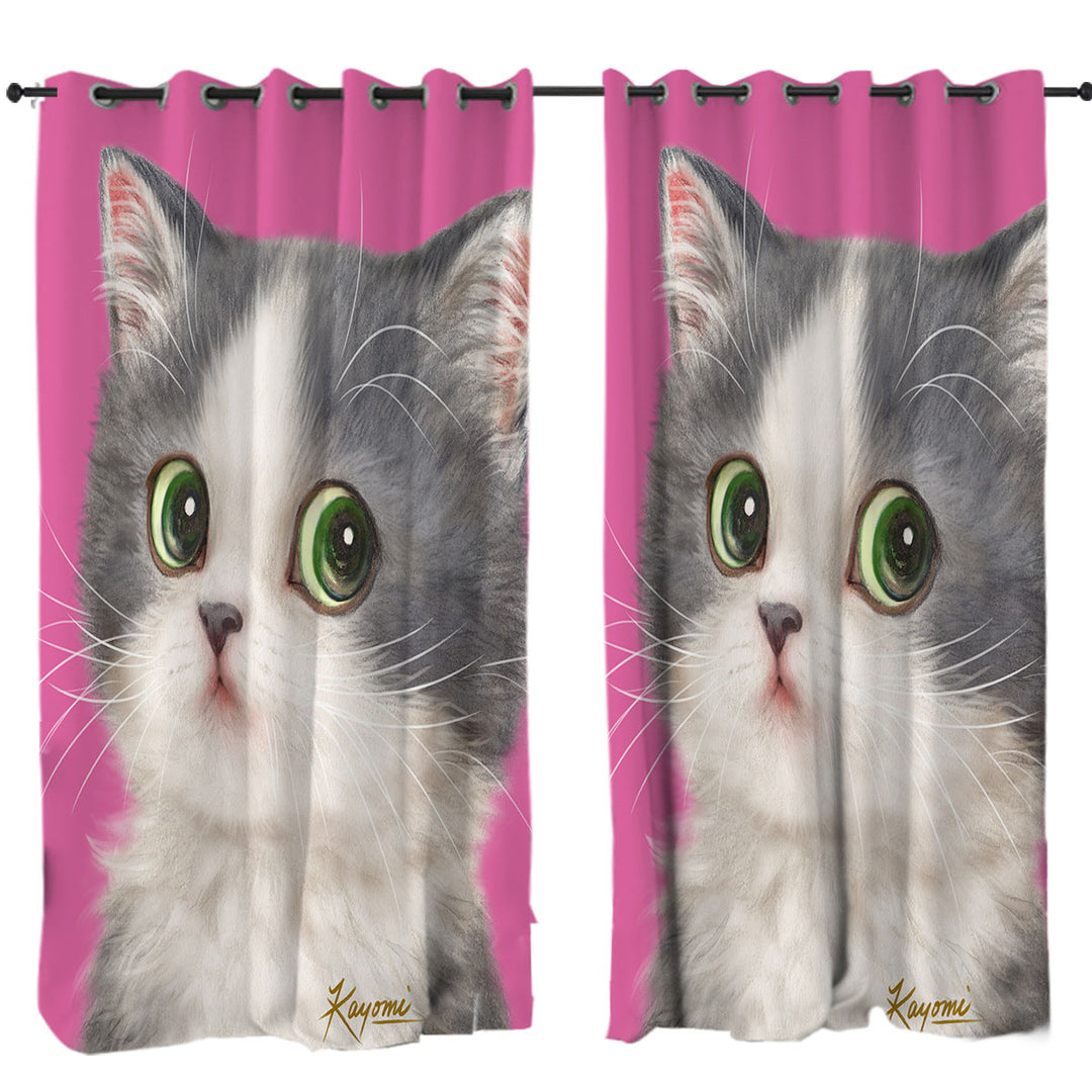 Curtains with Cats Art Adorable Shy Kitten Over Pink