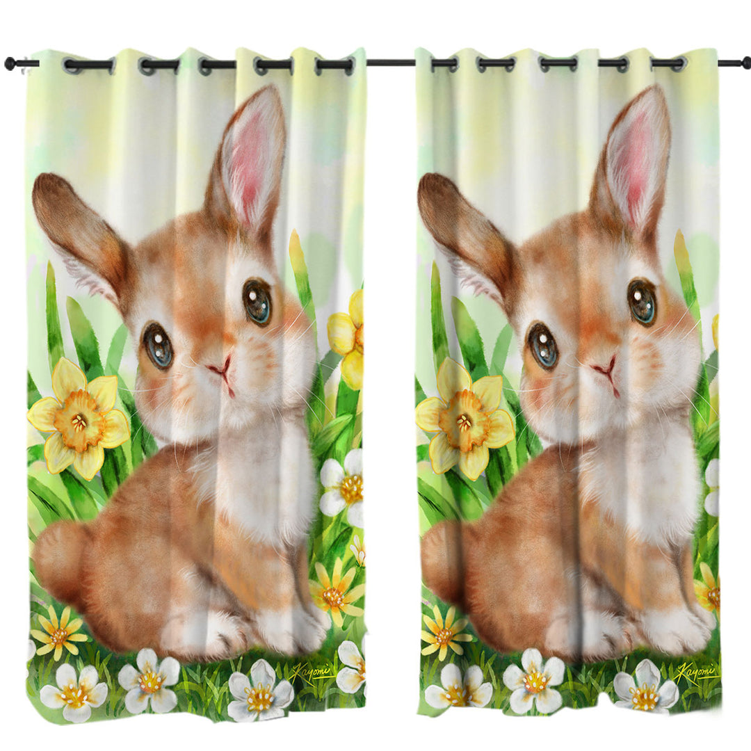 Curtains with Cute Animal Art Bunny in the Flower Garden