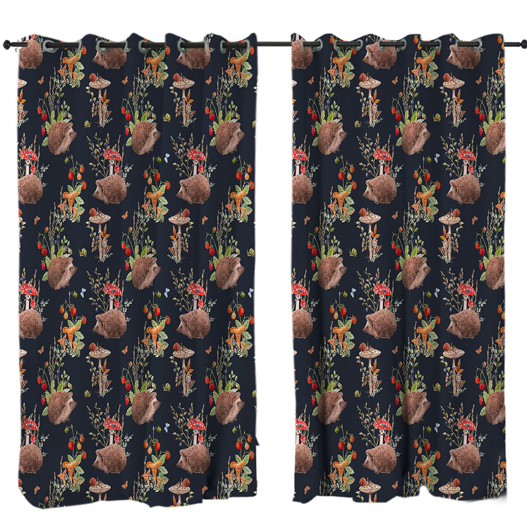 Curtains with Cute Hedgehog in a Mushroom Garden