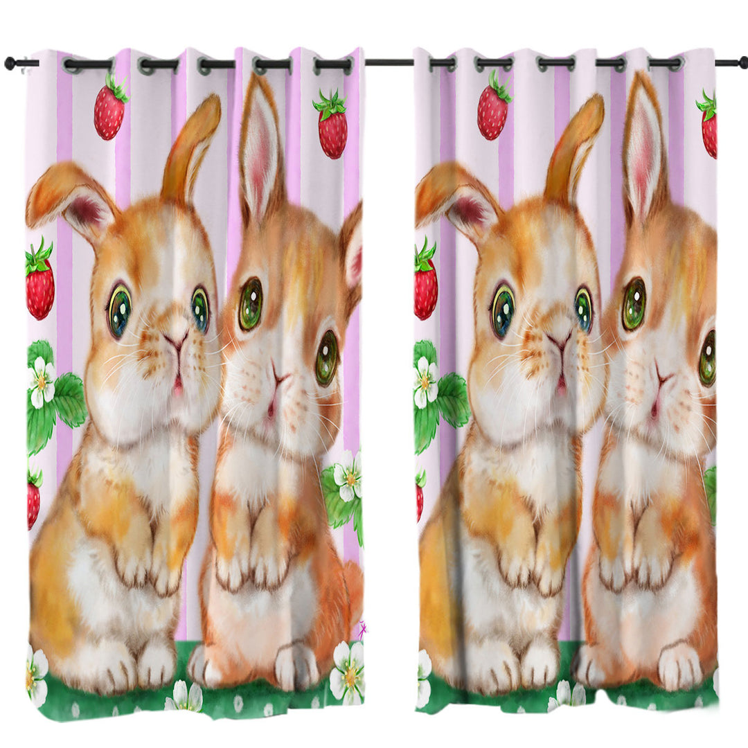 Curtains with Cute Kids Art Designs Bunnies and Strawberries