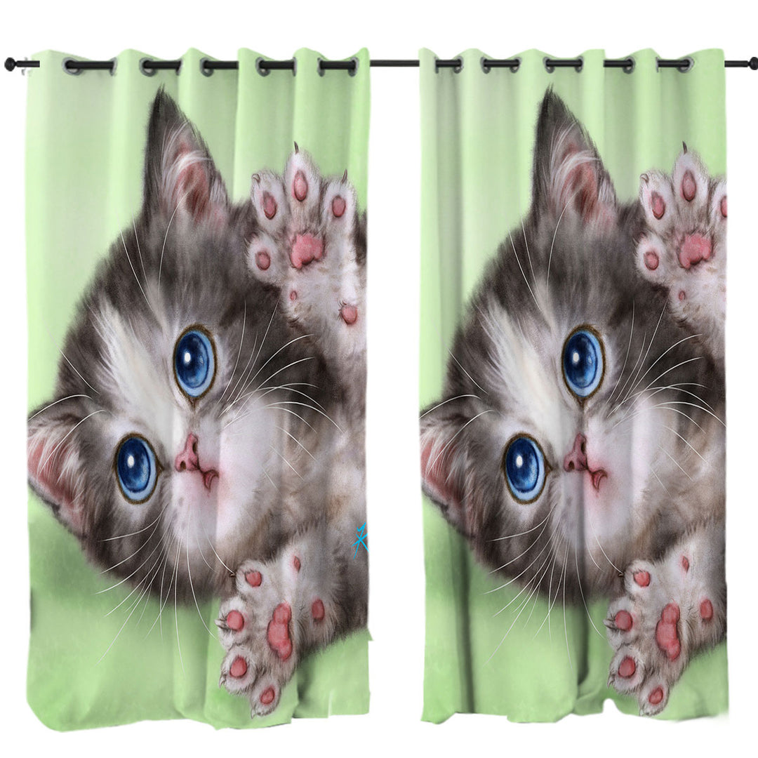 Curtains with Cute Kittens Drawings Grey Tabby Kitty Cat