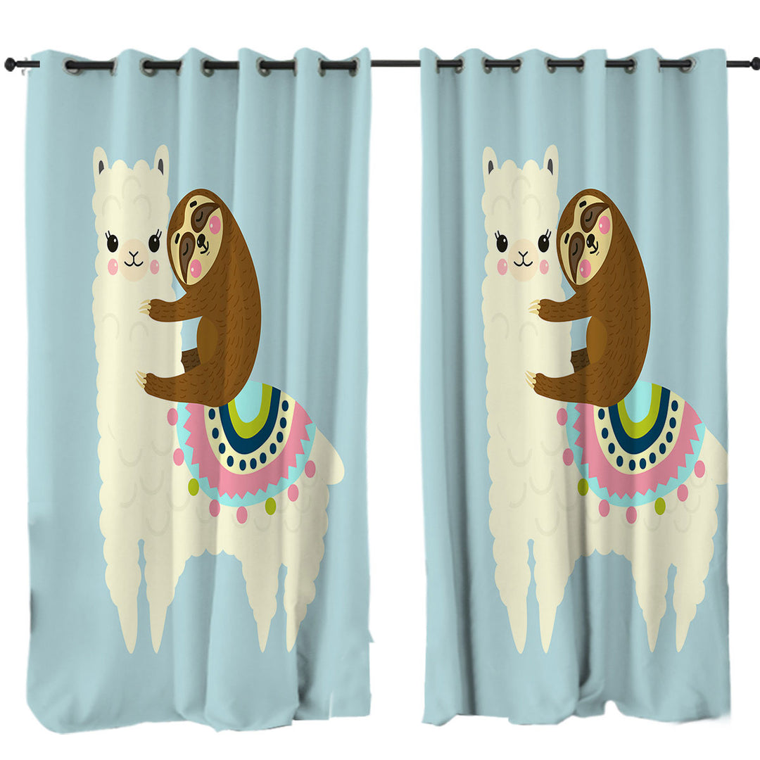 Curtains with Cute Llama and Sloth for Kids