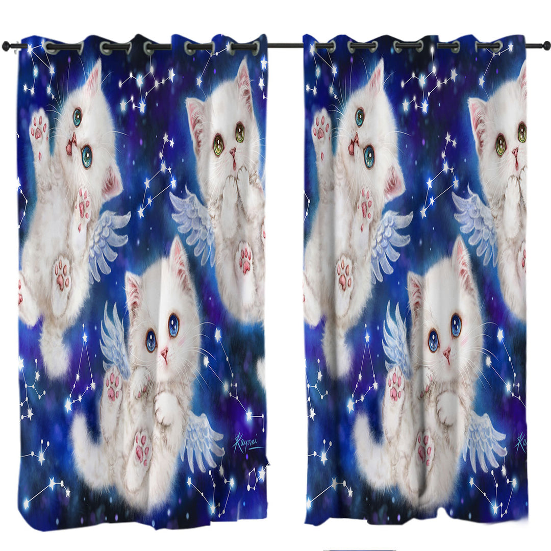Curtains with Cute Star Angels White Kitty Cats in Space