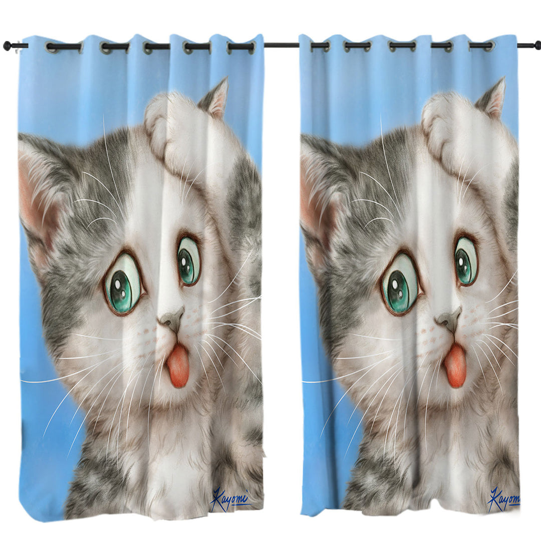 Curtains with Funny Cats Art Frustrated Grey Kitty