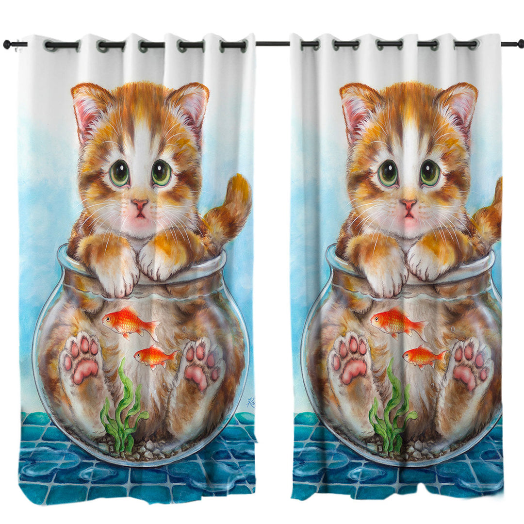 Curtains with Funny Cute Cats Design Ginger Kitten in Fish Bowl
