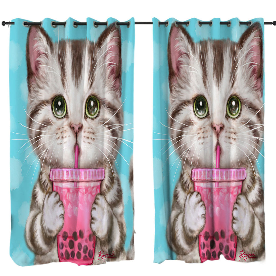 Curtains with Funny Kittens Adorable Grey Tabby Cat Enjoying Tea