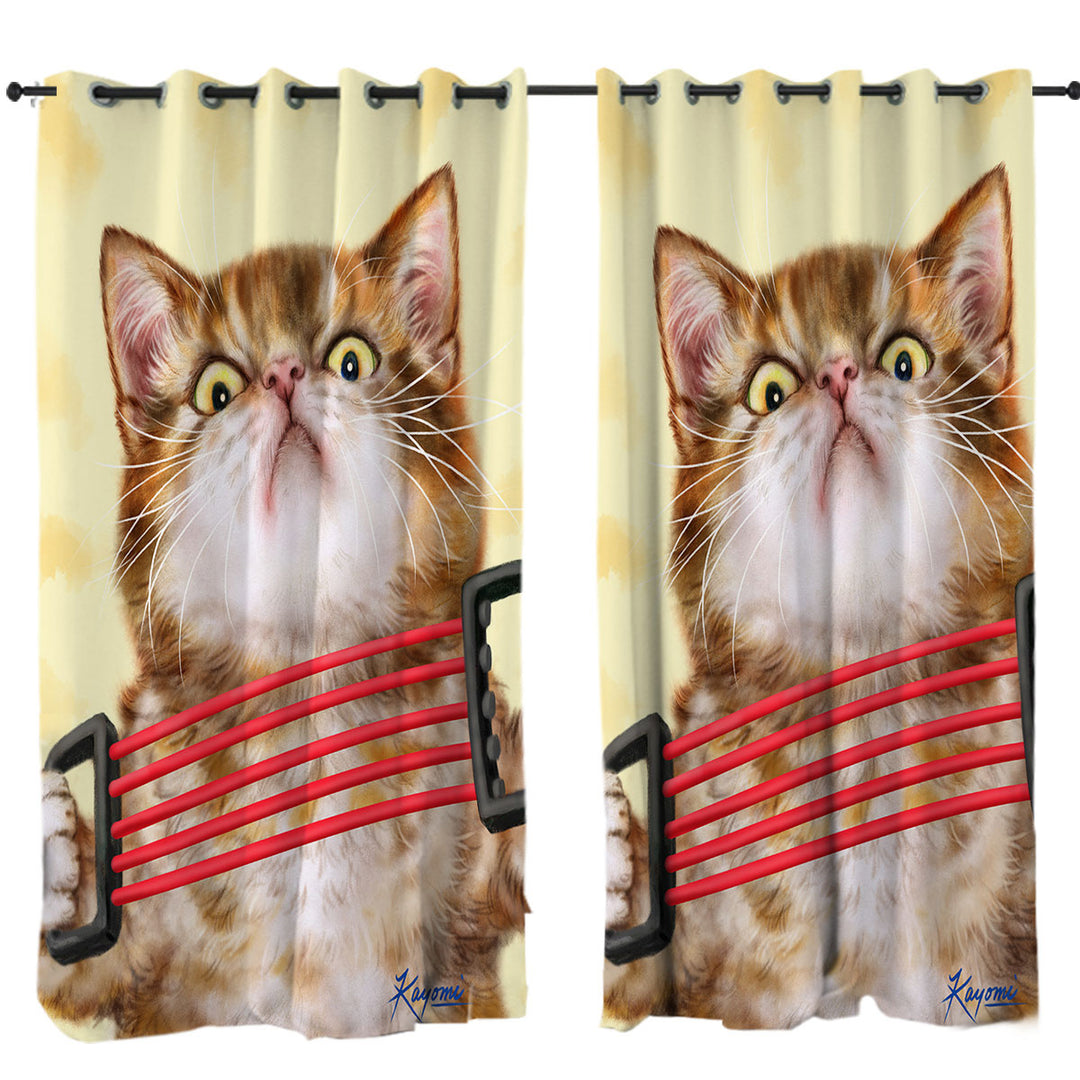 Curtains with Funny Kittens Tabby Cat Doing Exercise