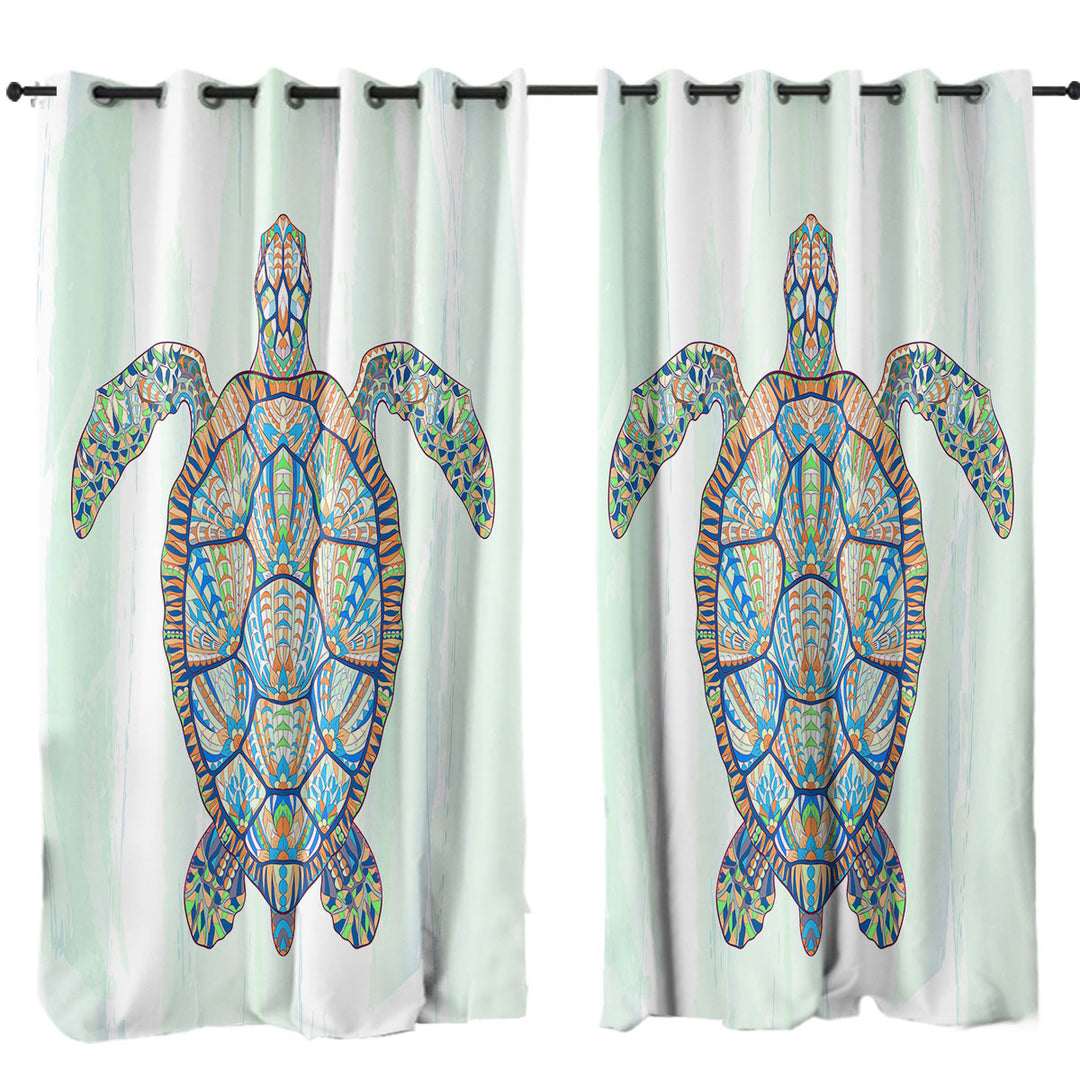 Curtains with Green Blue Artistic Turtle