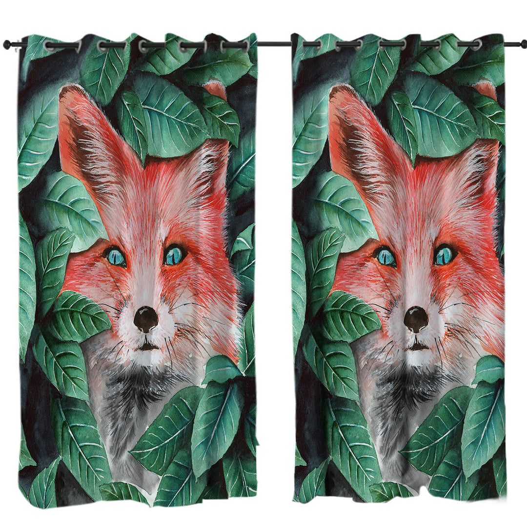 Curtains with Green Leaves and Cute Hidden Fox