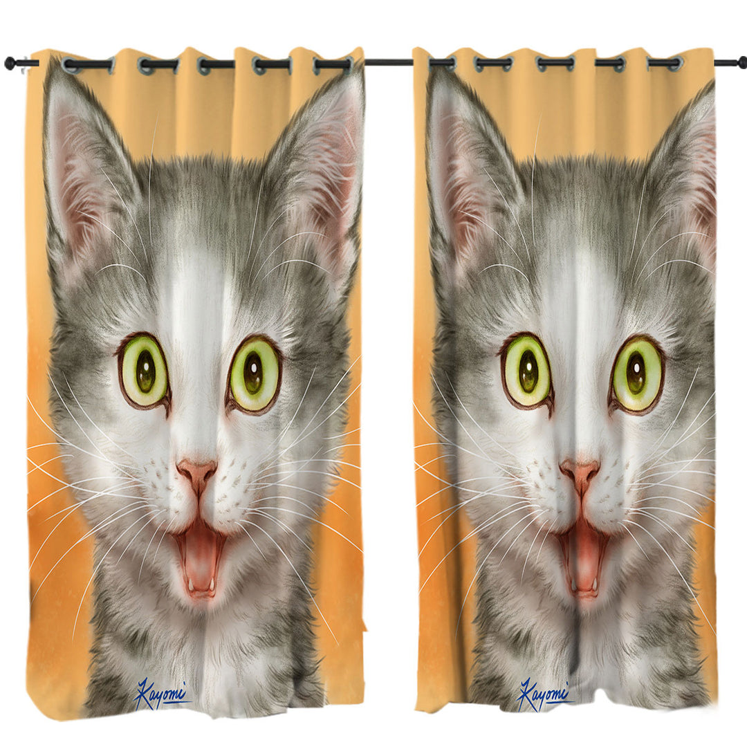 Curtains with Happy and Joyful Grey Kitten over Orange