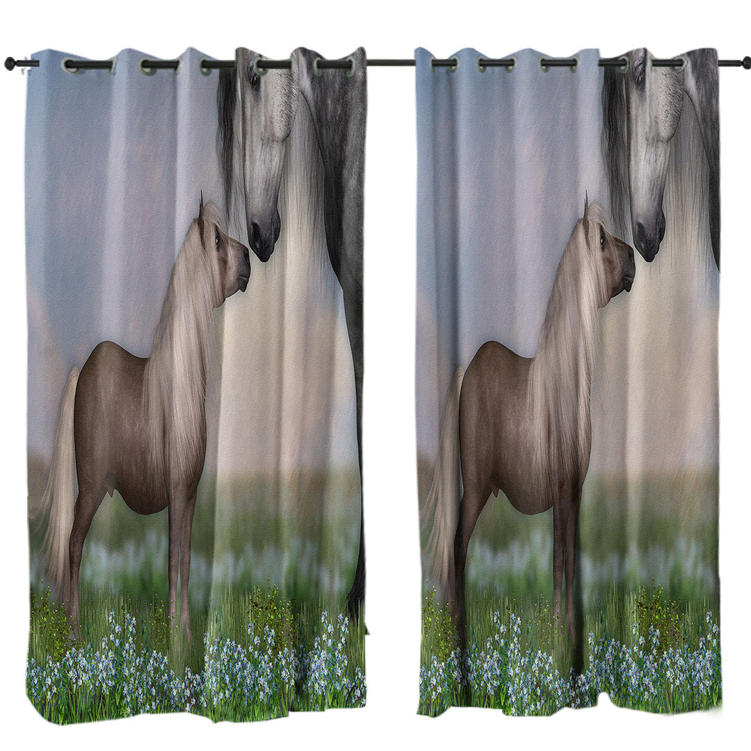 Curtains with Horses Art Momma with Cute Foal in the Meadow