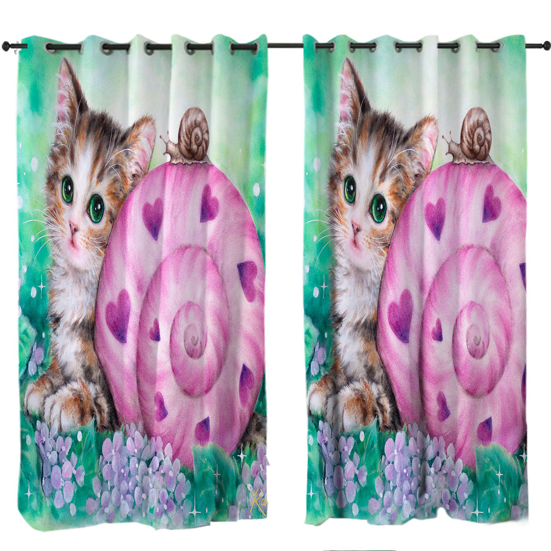 Curtains with Lovely Art Drawings Kitten and Snail Friendship