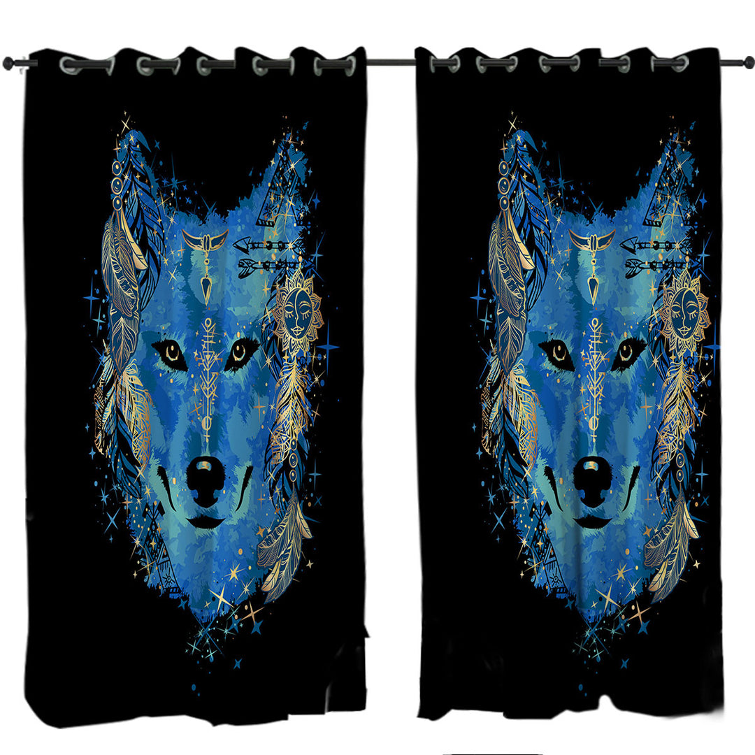 Curtains with Native American Blue Wolf