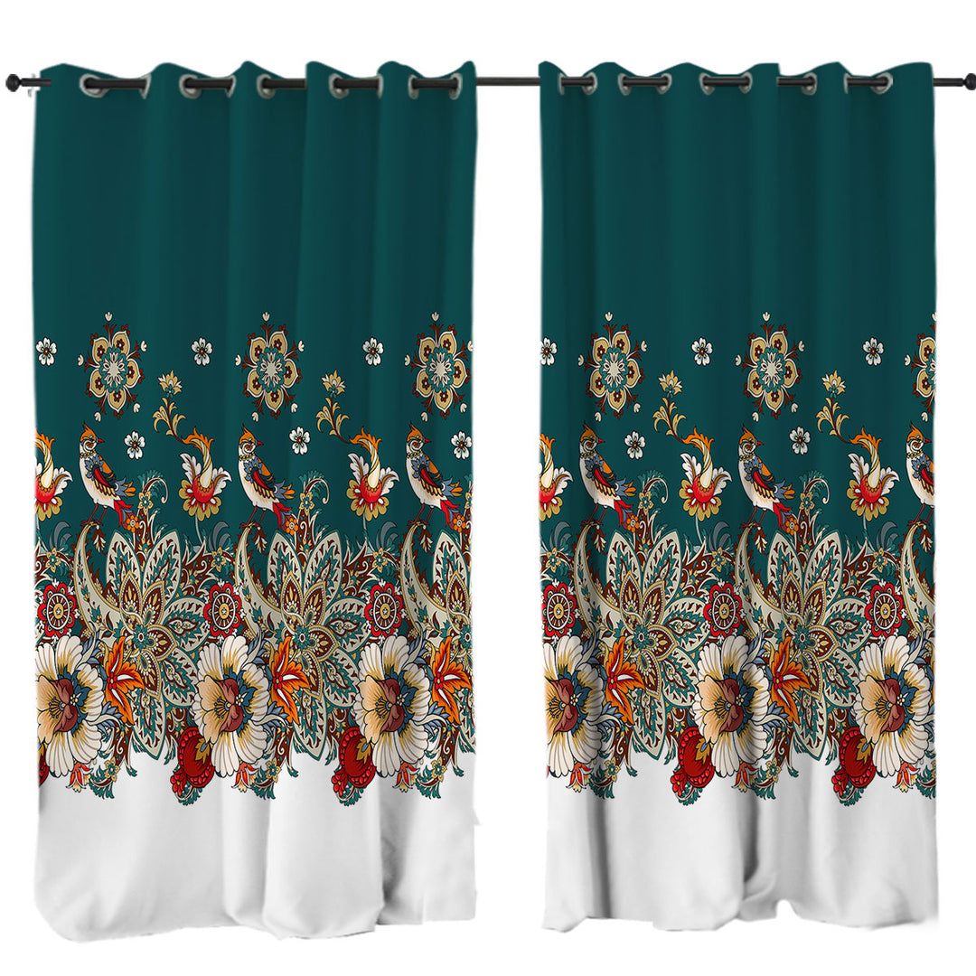 Curtains with Oriental Art Birds Flowers and Floral Mandalas