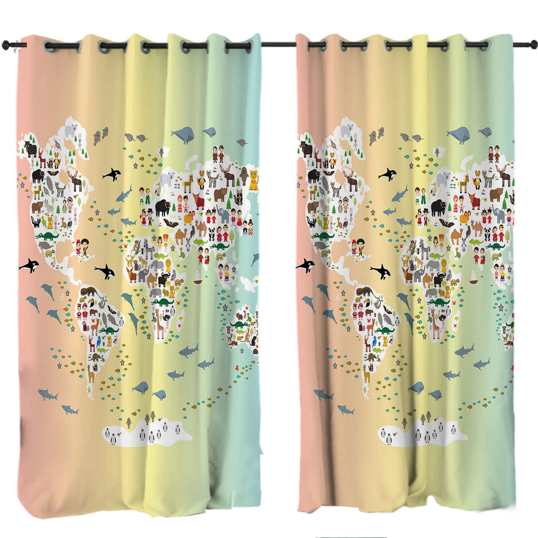 Curtains with People and Animals World Map