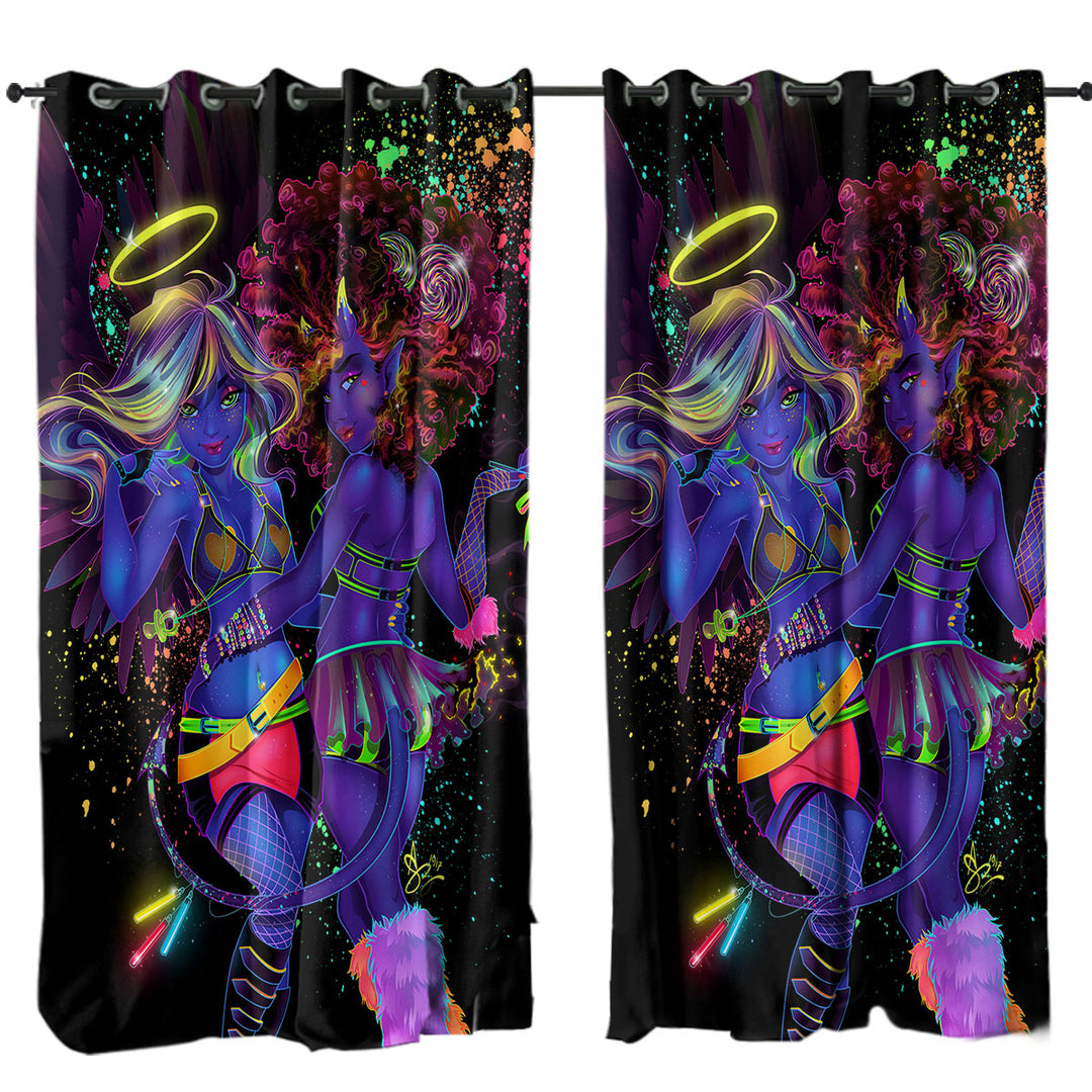 Curtains with Retro Colored Sexy Angel and Devil
