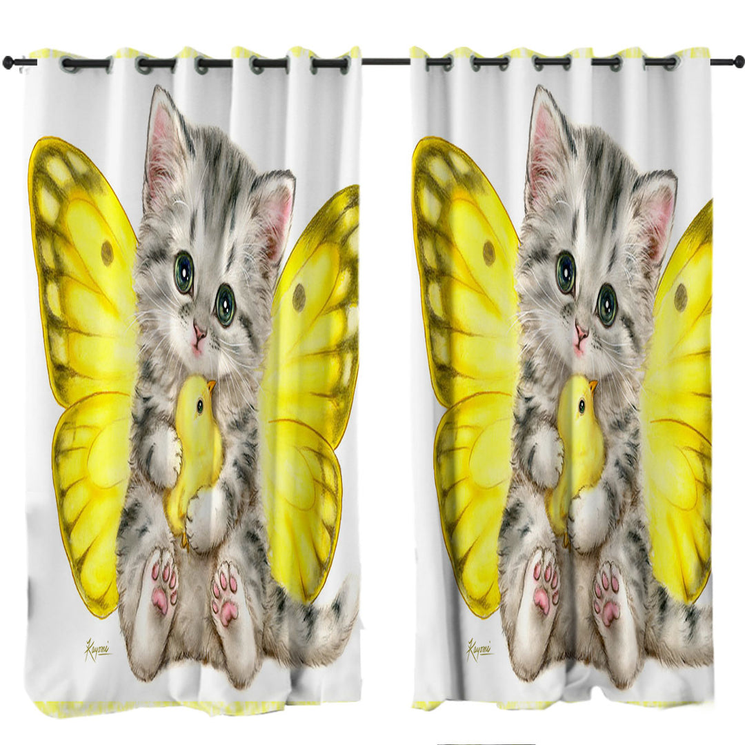 Curtains with Sweet Yellow Butterfly Kitten and Chick