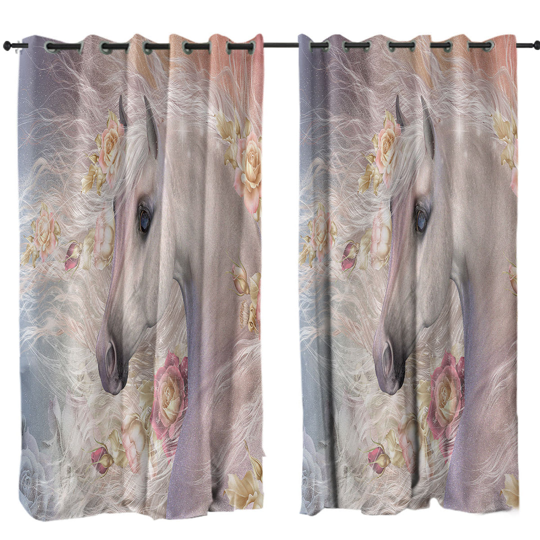 Curtains with Winter Rose Roses and White Horse