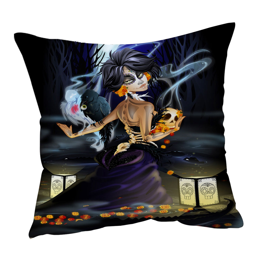 Cushion Covers with Mourning Beauty Woman Crows and Skulls
