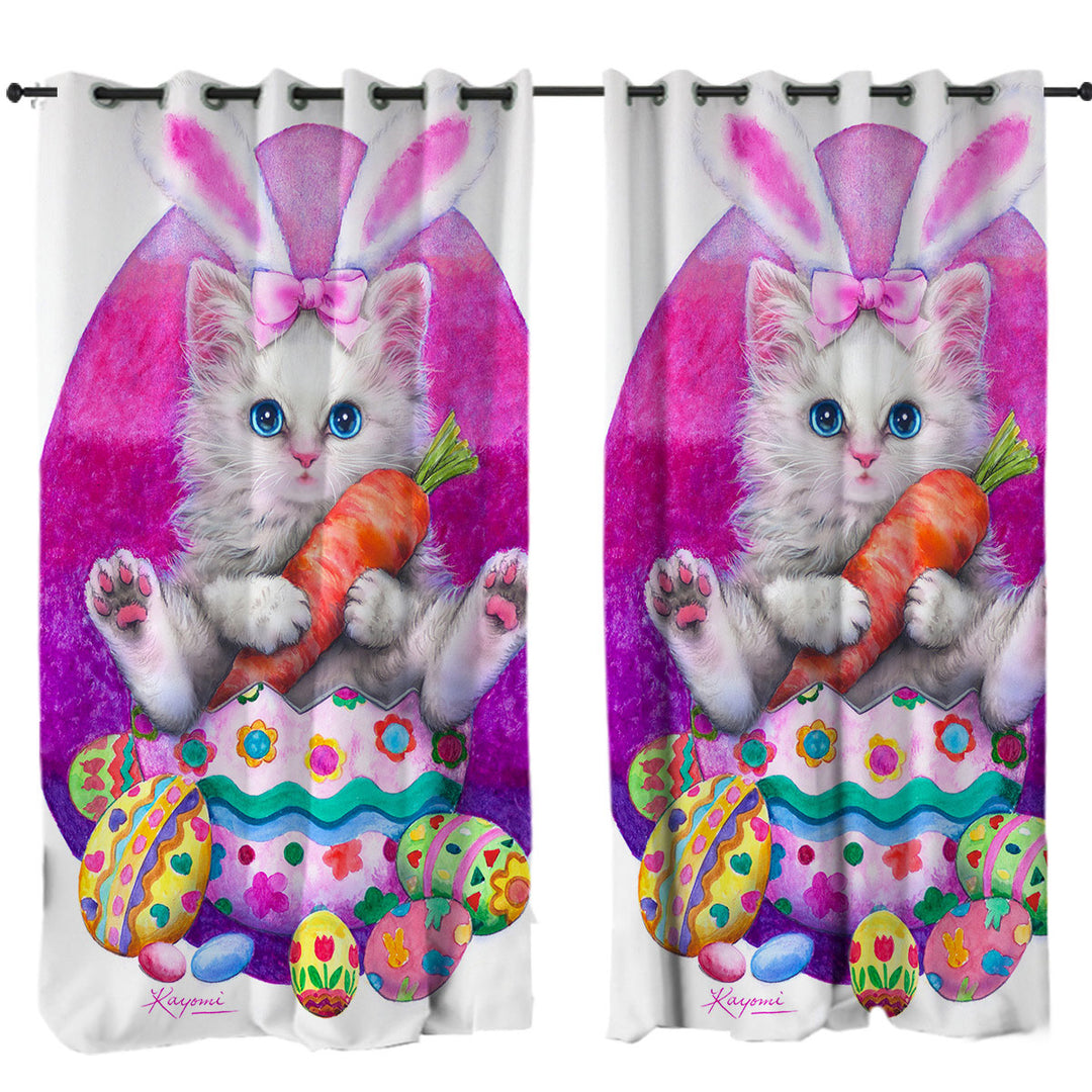 Custom Curtains with Cute Cats Easter Bunny Kitten Eating Carrot