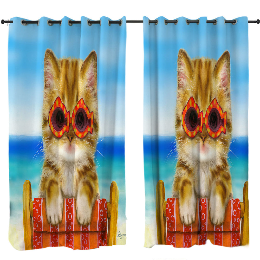Custom Curtains with Funny Cats Ginger Tabby Kitten at the Beach