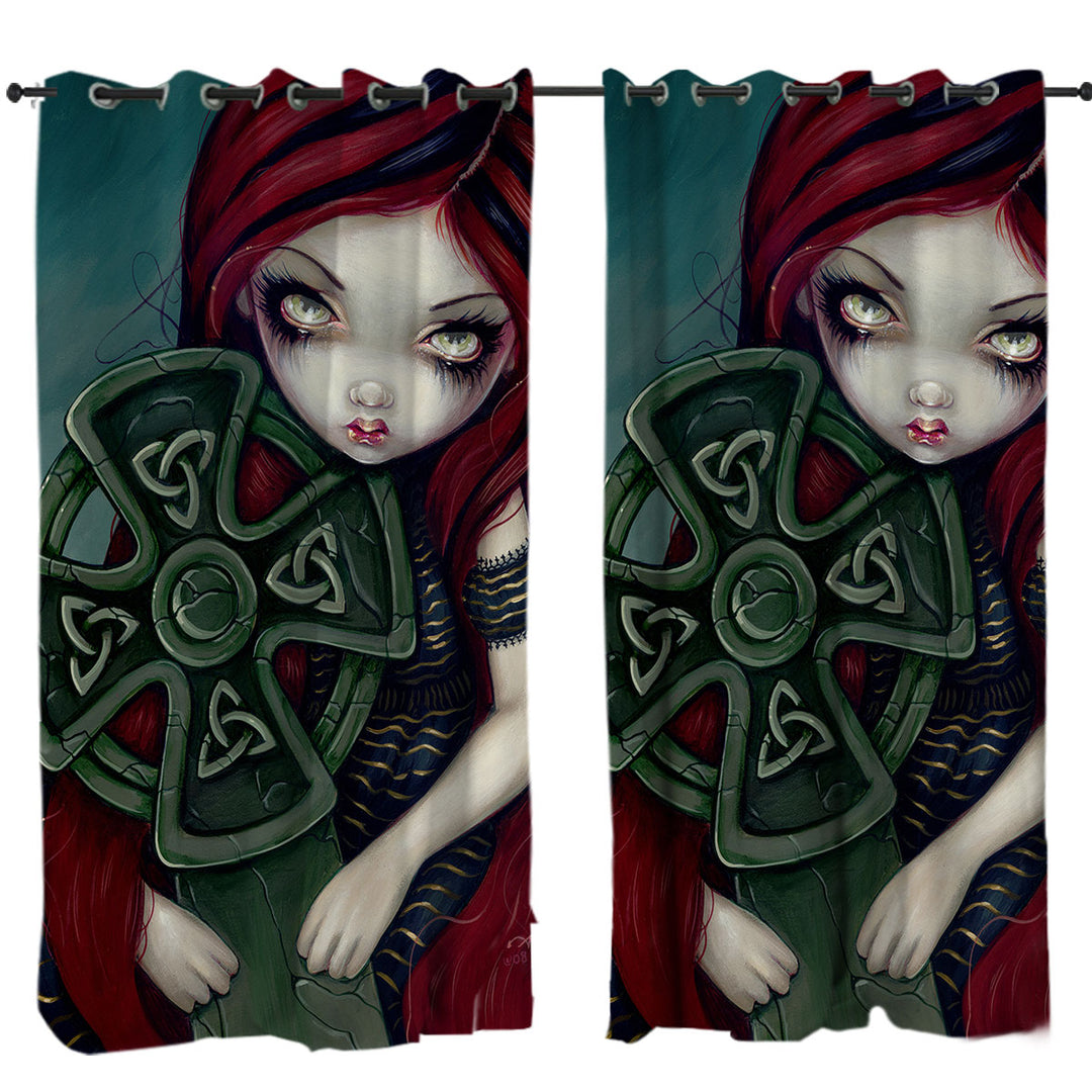 Custom Curtains with Strangely Lonely Goth Girl Holds Celtic Cross