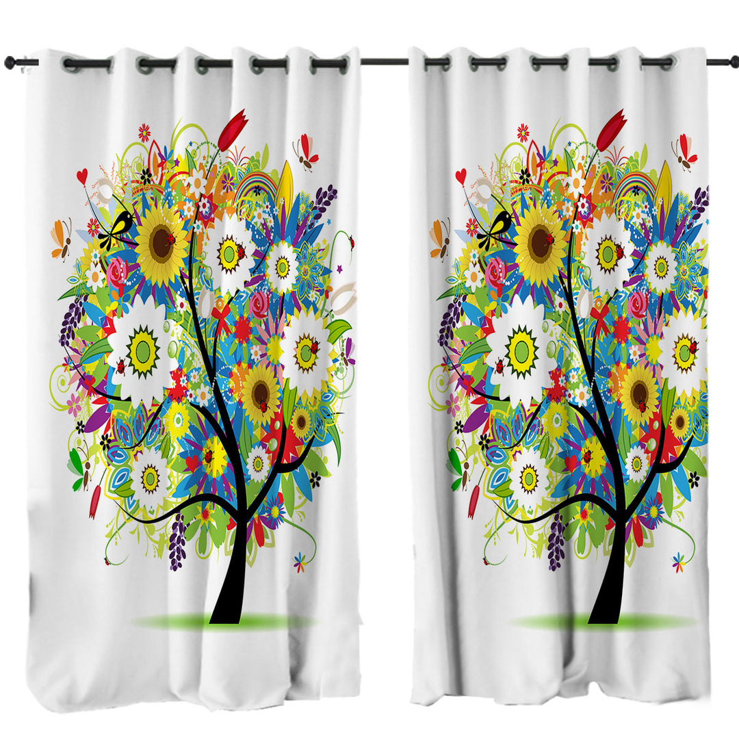 Custom Drapes with Colorful Messy Flowers Tree