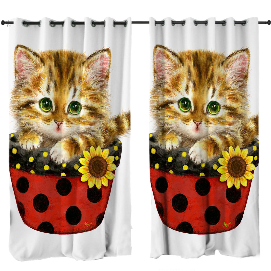 Custom Drapes with Ginger Tabby Kitten in Summer Flower Pot