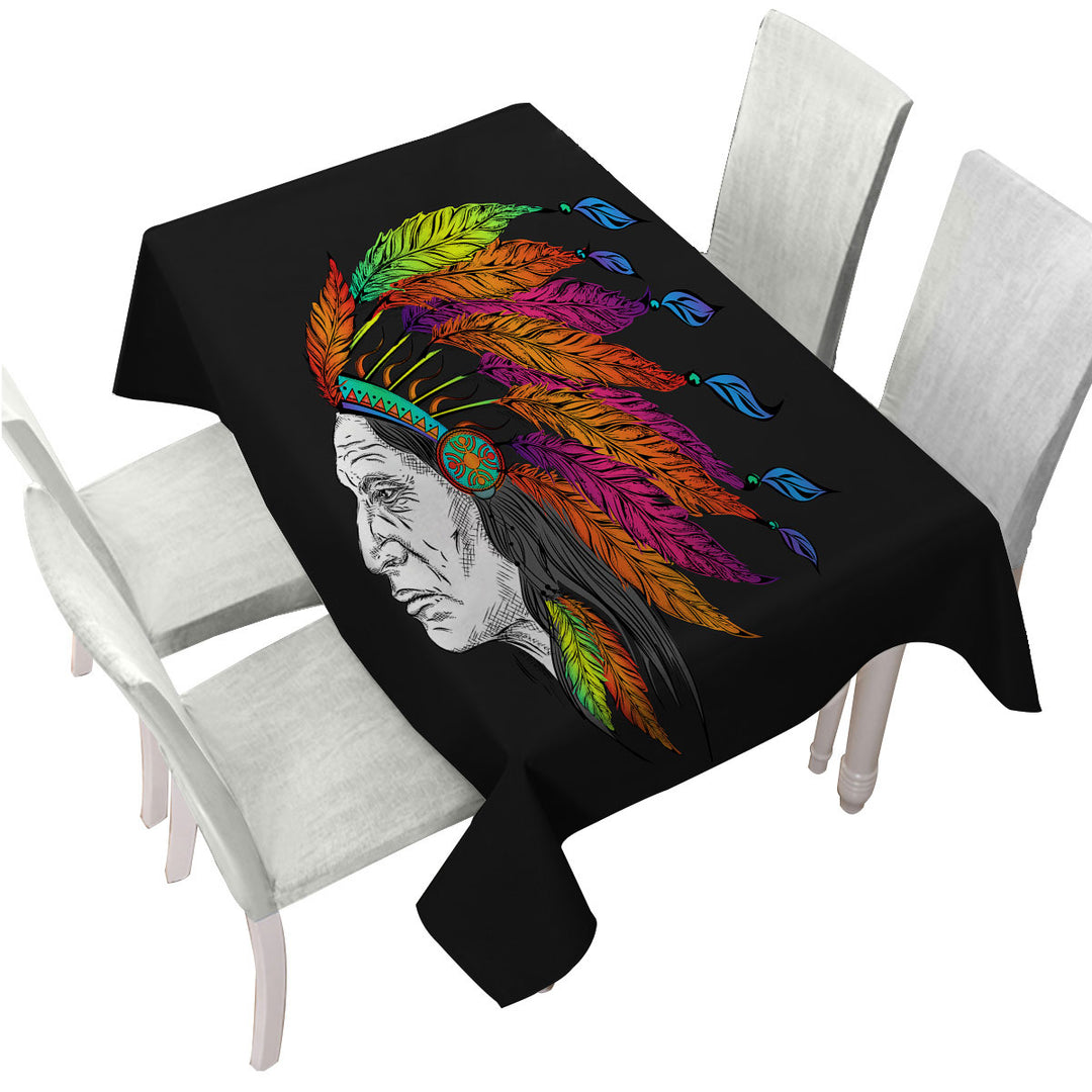 Custom table Covers with Colorful Feathers on a Tough Native American Chief