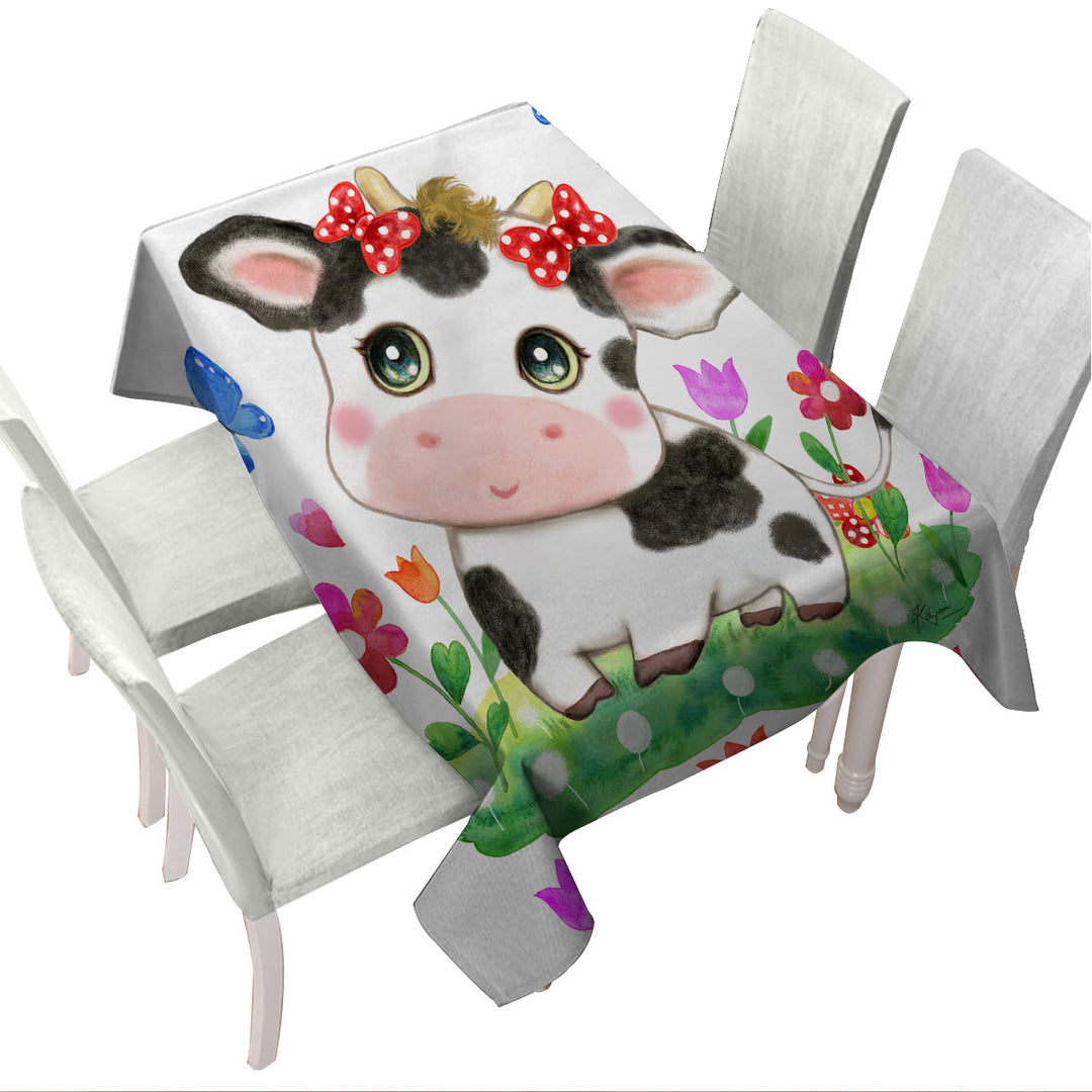 Custom table Covers with Cute Design for Kids Little Cow and Butterflies