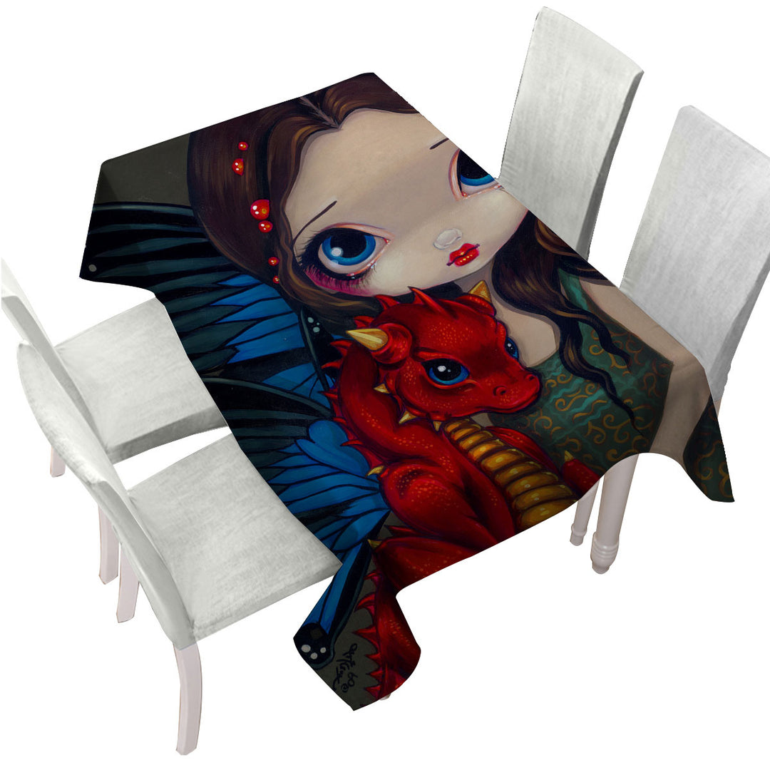 Custom table Covers with Fantasy Art Girl and Baby Red Dragon