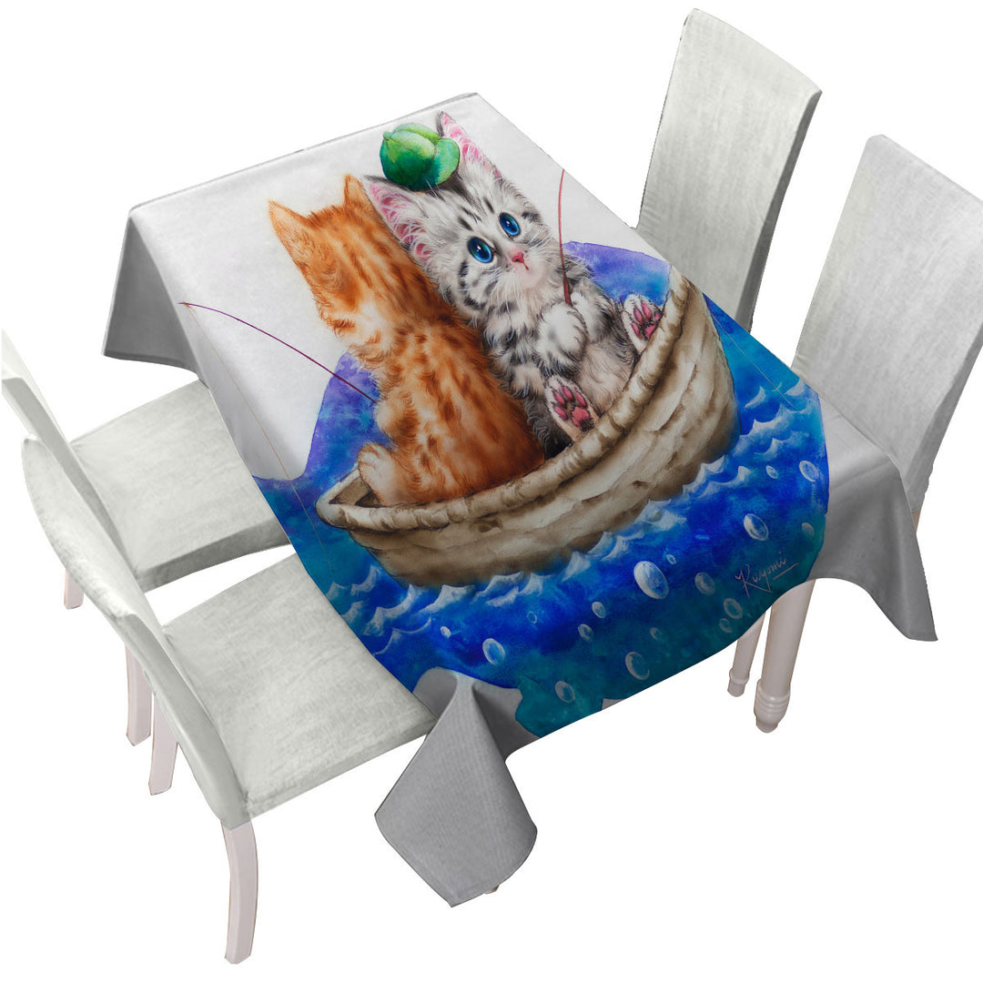 Custom table Covers with Funny Cats Art Drawing Fishing Buddies Kittens