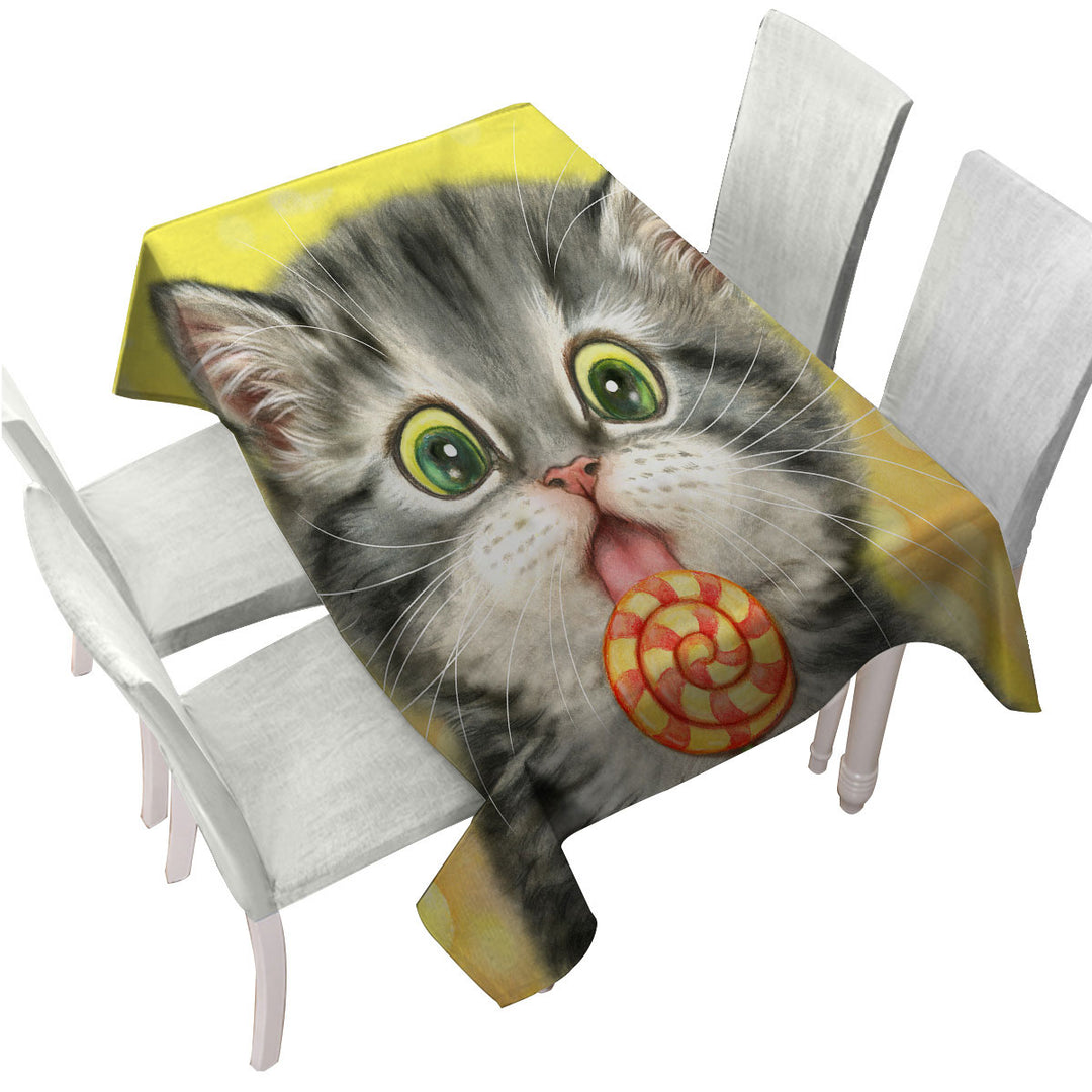 Custom table Covers with Funny Kids Designs Licking Lollipop Kitty Cat