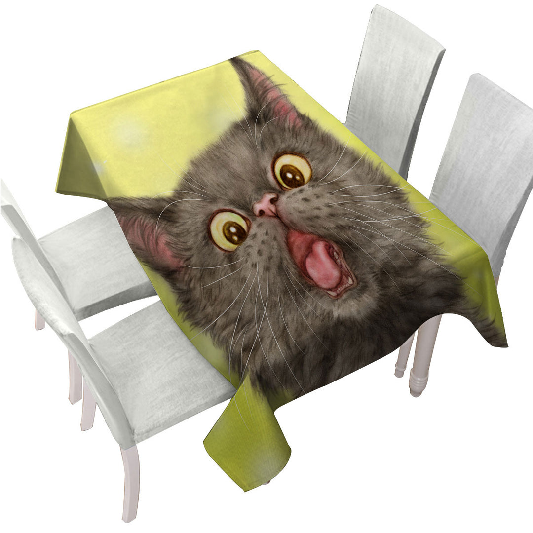Custom table Covers with Playful Black Grey Cat over Yellow