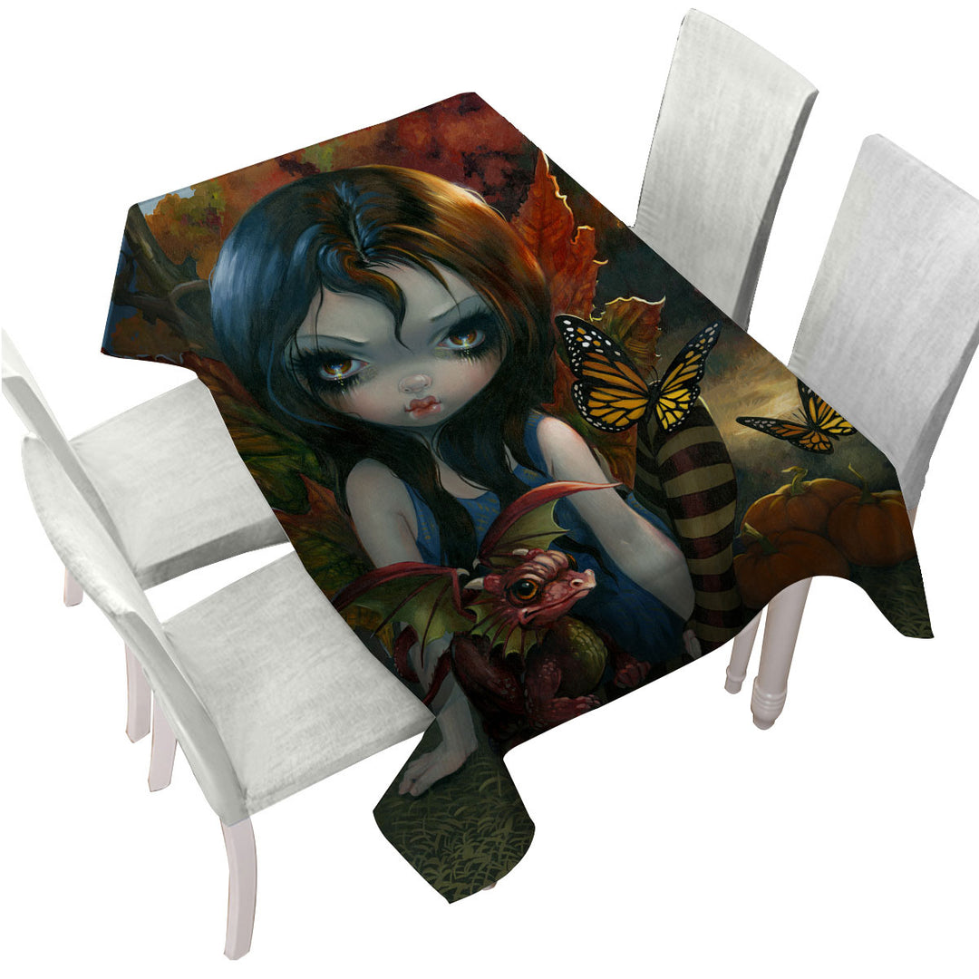 Custom table cloth with Autumn Fairy and Her Dragonling