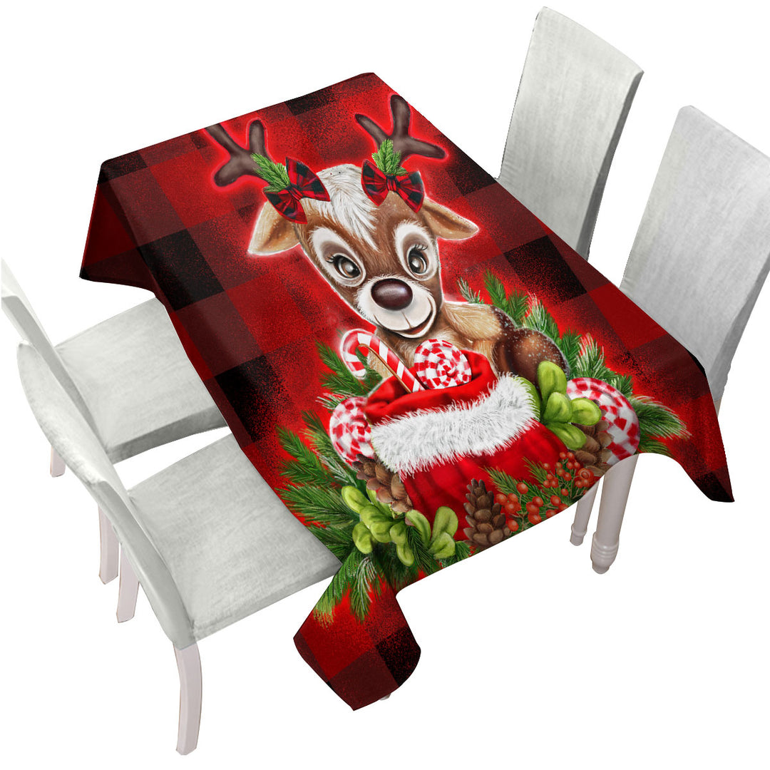Custom table cloth with Christmas Plaid Cutie Reindeer