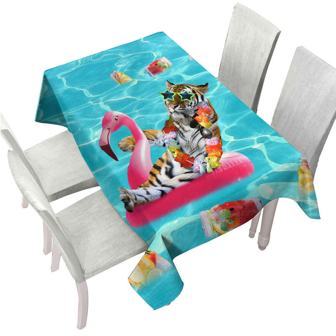 Custom table cloth with Cool Funny Vacation Tiger on Flamingo Floatie