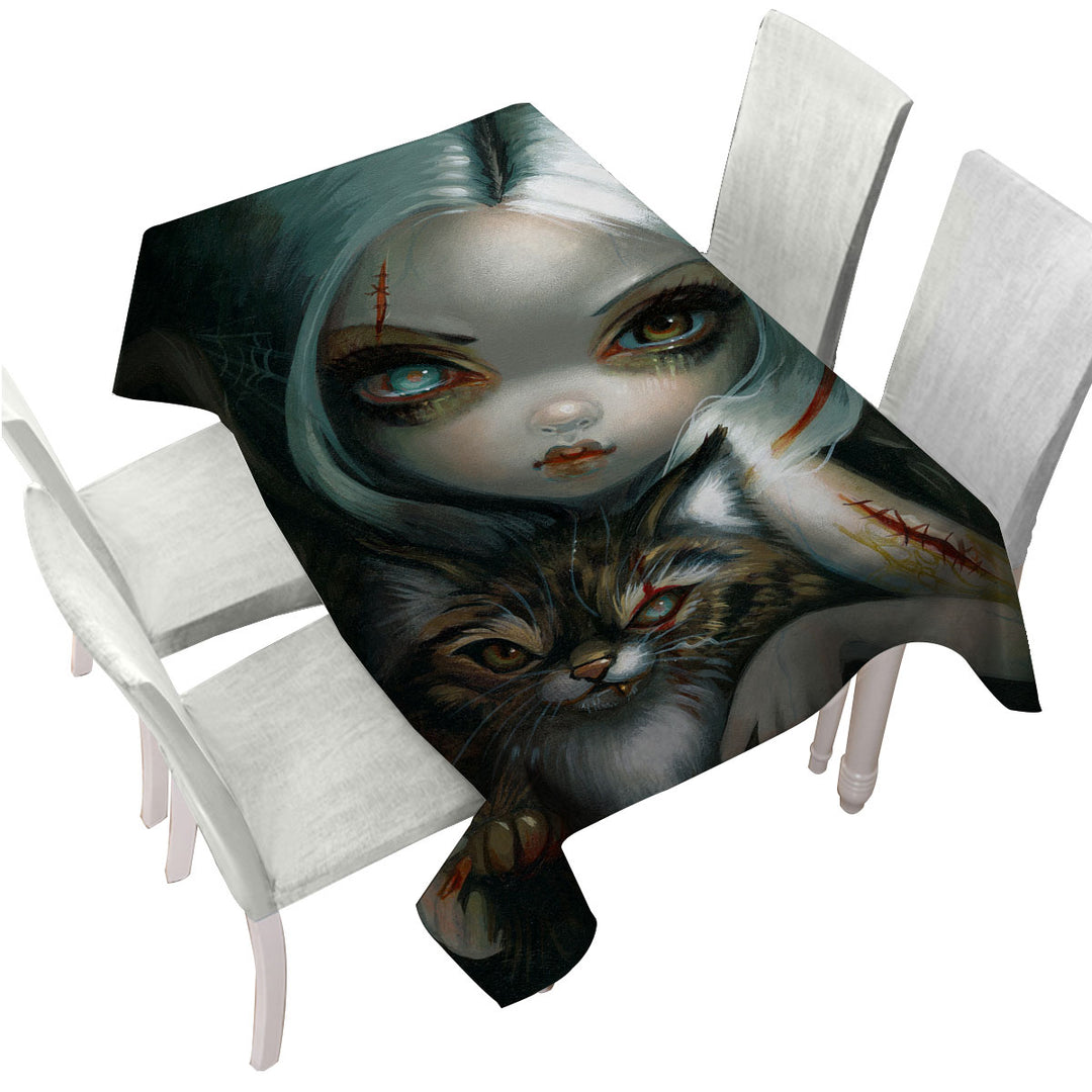 Custom table cloth with Cool Scary Art Zombie Kitty and Pretty Zombie Girl