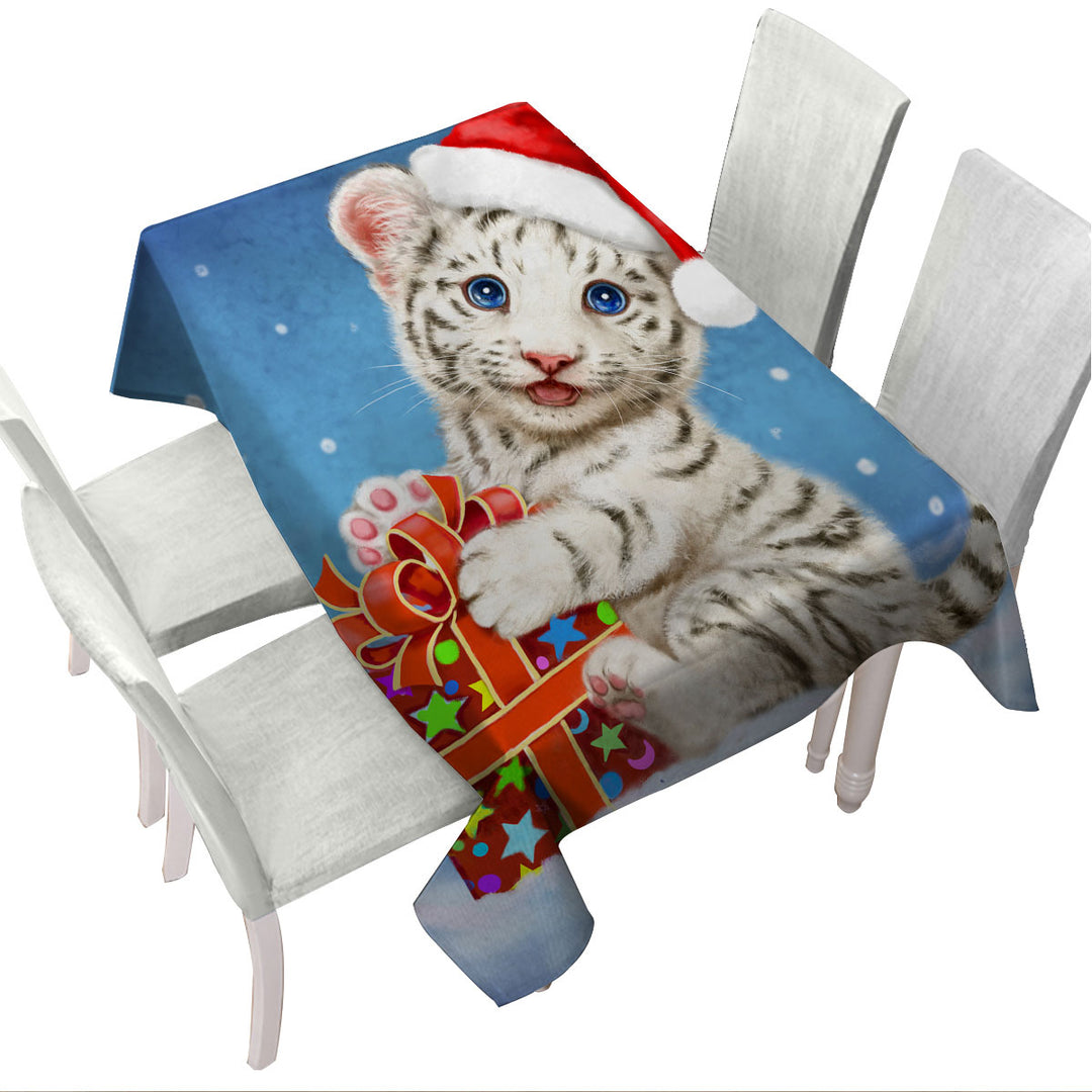 Custom table cloth with Cute Christmas Design White Tiger Cub Gift