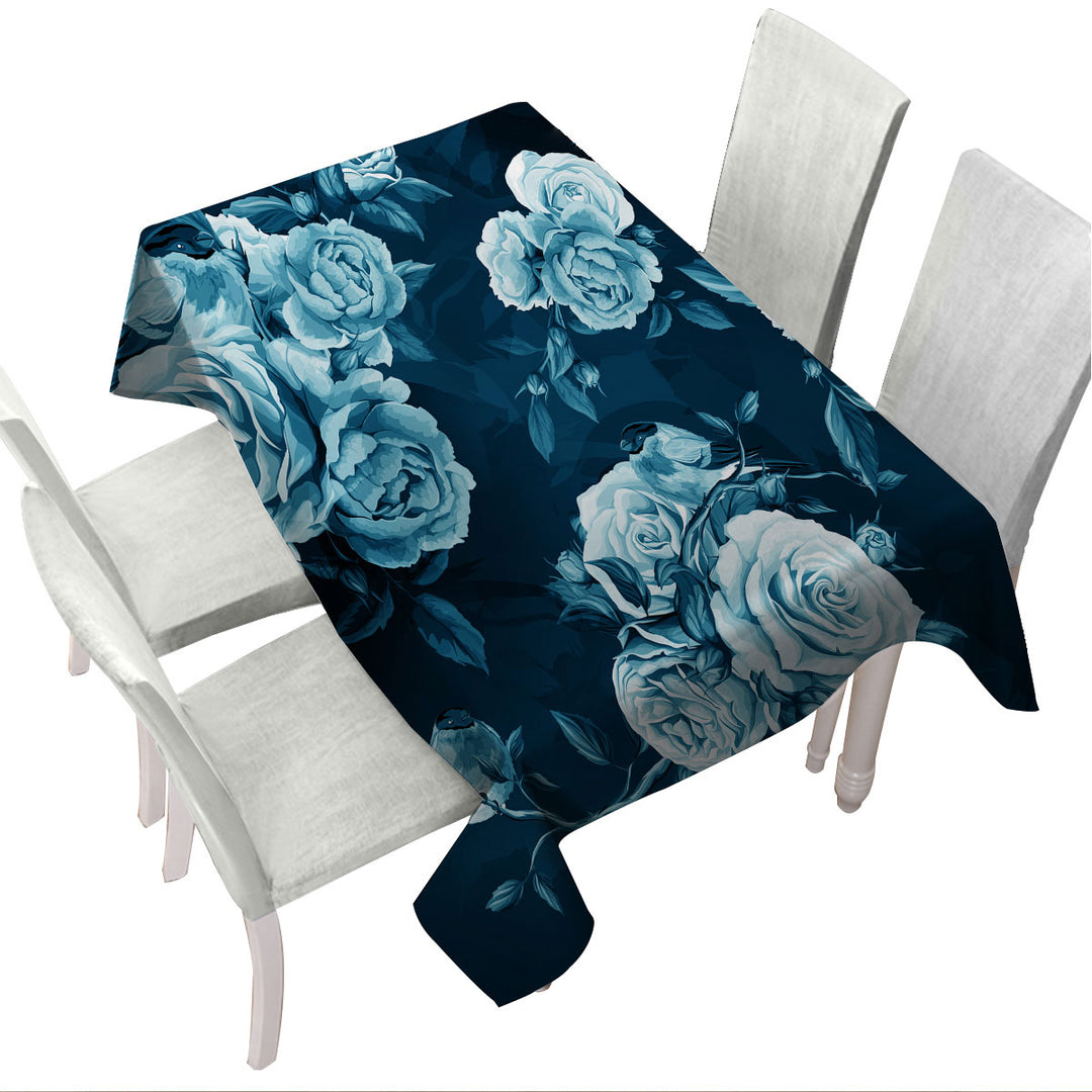 Custom table cloth with Dark Blue under Light Blue Roses