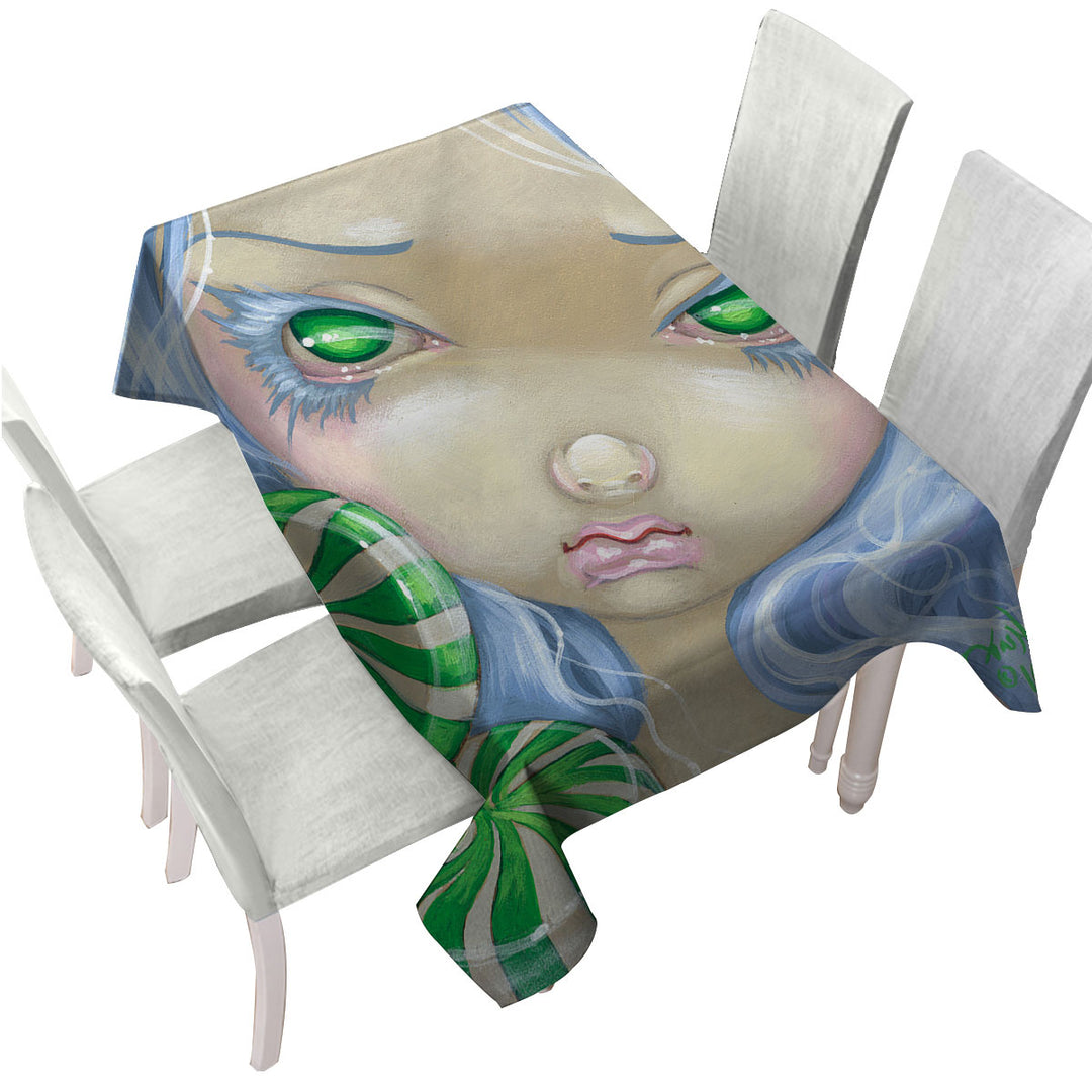 Custom table cloth with Faces of Faery _85 Green Girl with Peppermint Candy