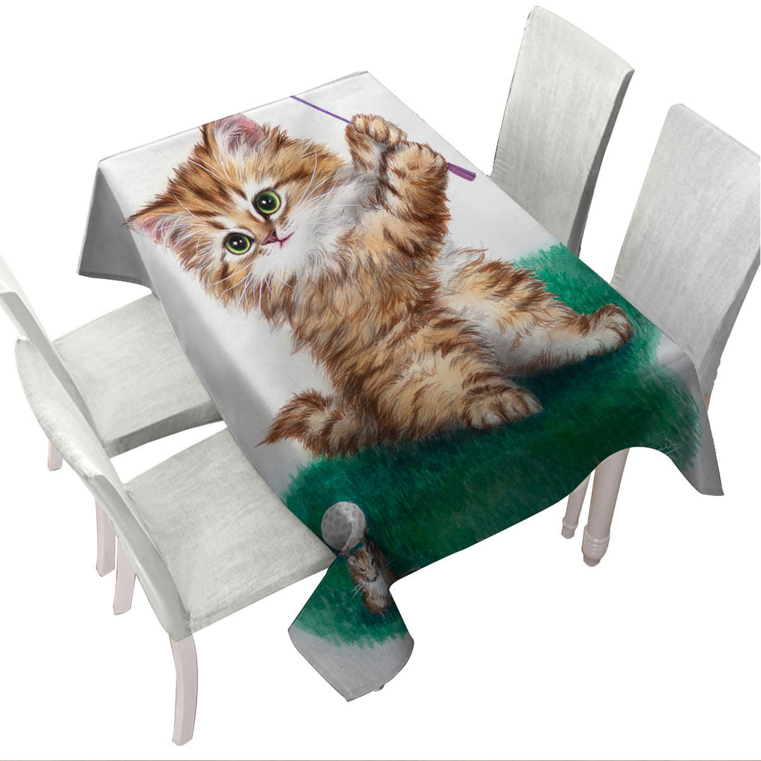 Custom table cloth with Funny Cute Cat Little Golfer Kitten