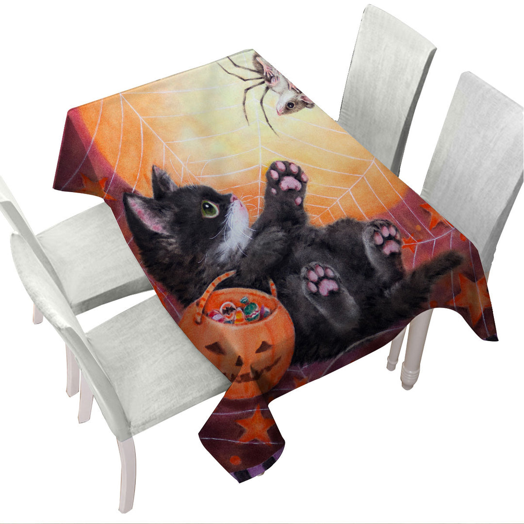 Custom table cloth with Funny Scary Halloween Spider Mouse and Kitten