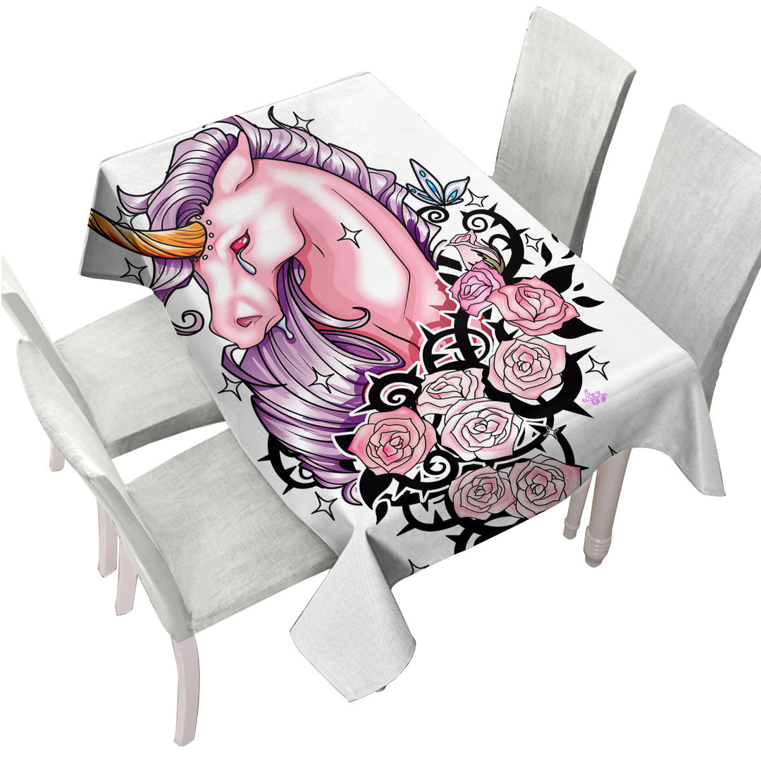 Custom table cloth with Sad Pink Unicorn and Roses