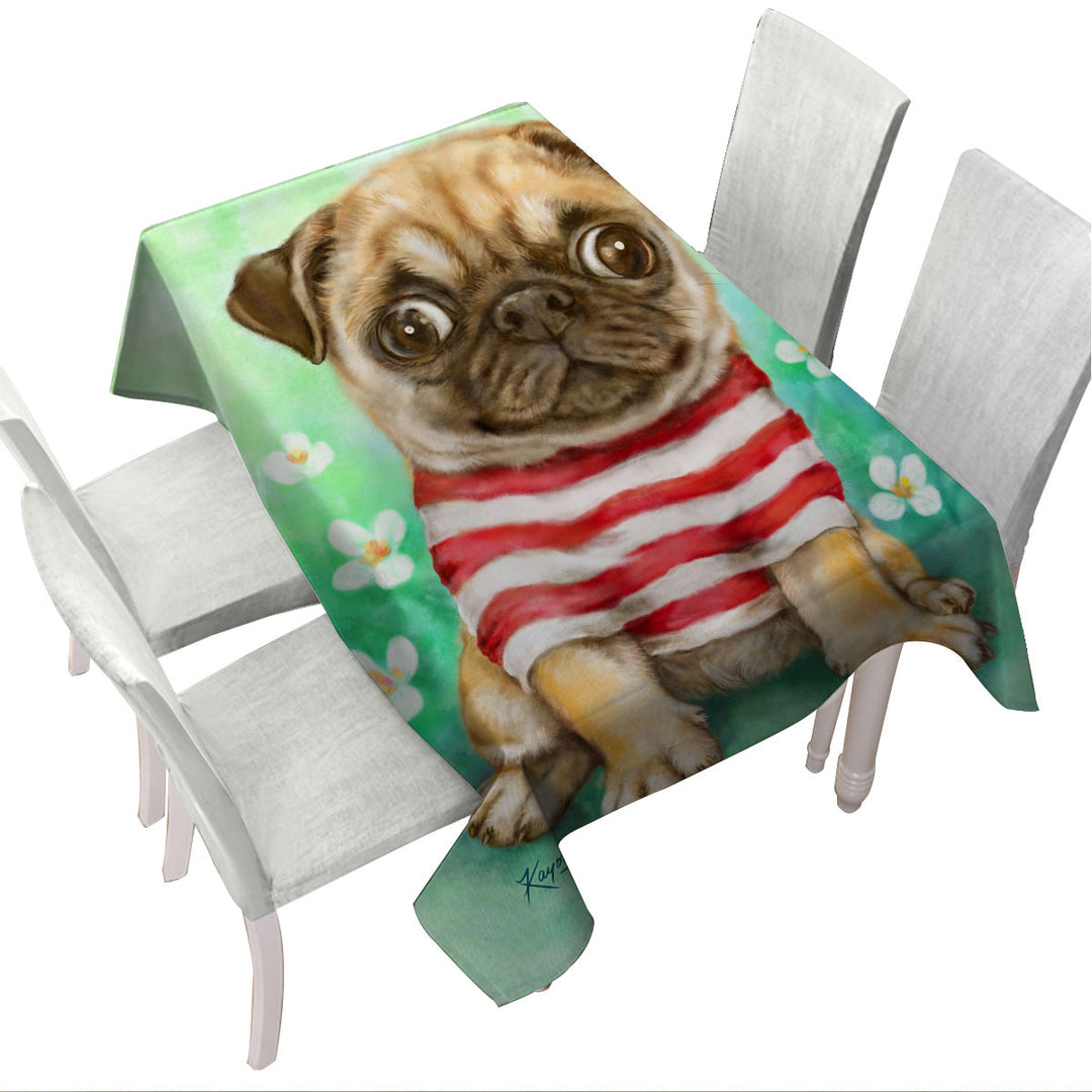 Custom table cloth with Striped Cute Pug Dog in Daisy Flower Garden