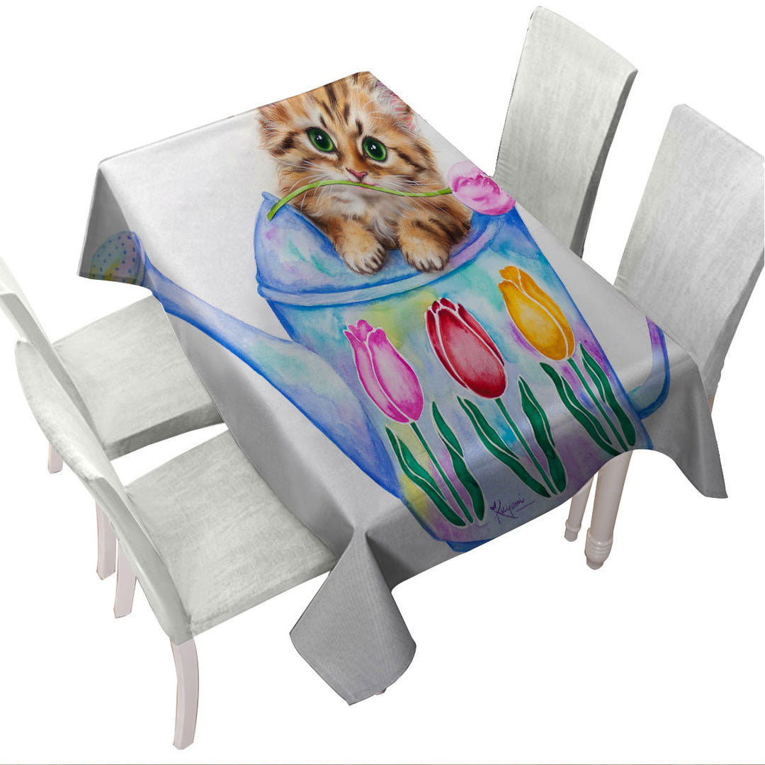 Custom tablecloths with Cat Drawing for Kids Tulips and Kitten