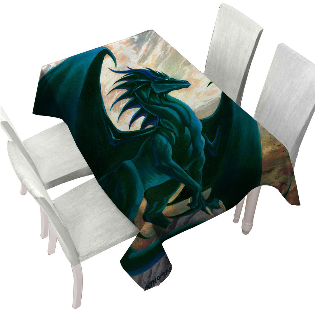 Custom tablecloths with Fantasy Painting Green Dragon on Cliff