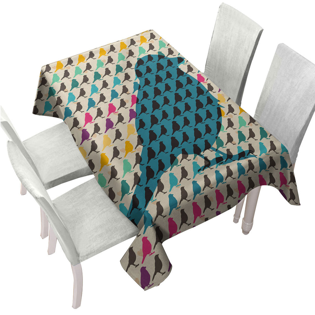 Custom tablecloths with Multi Colored Bird Pattern Over Blue Bird