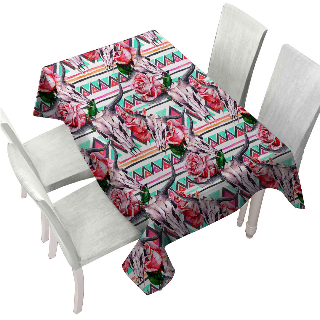 Custom tablecloths with Native Roses Bull Skull